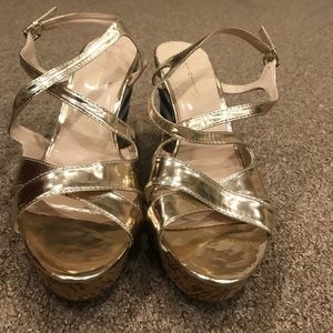 Tommy Hilfiger gold strappy blue stripe wedges